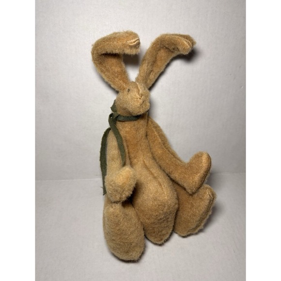 Primitive Mohair Plush Bunny Rabbit Brown Sitting Handmade Green Bow Early MCM